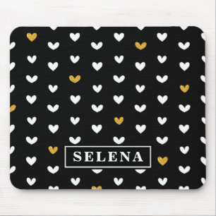 Black White Gold Heart Pattern with Custom Name Mouse Mat