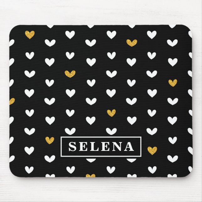 Black White Gold Heart Pattern with Custom Name Mouse Mat (Front)