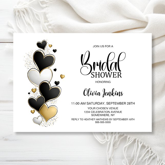 Black White Gold Hearts Bridal Shower Invitation (Creator Uploaded)