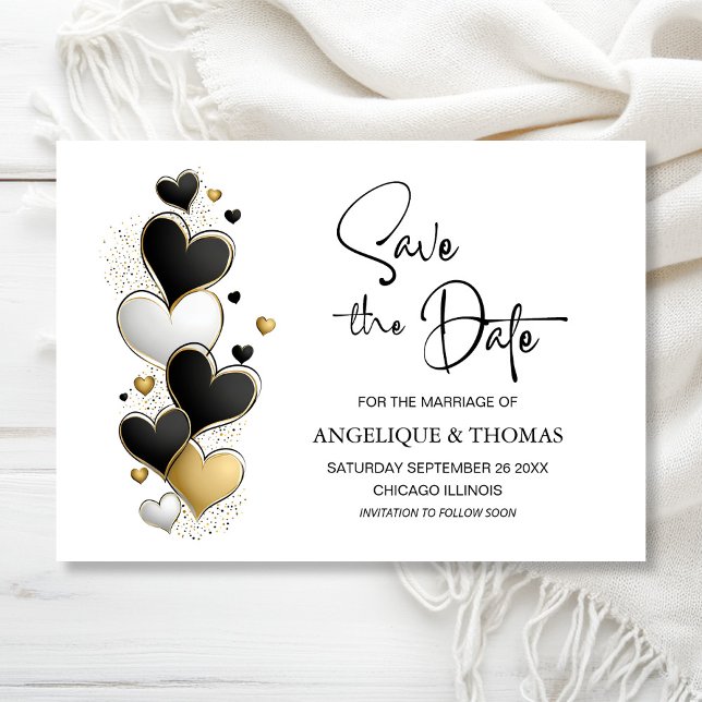 Black White Gold Hearts Wedding Save the Date (Creator Uploaded)