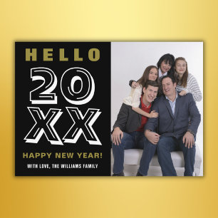 Black White Gold Hello Happy New Year Family Photo Holiday Card