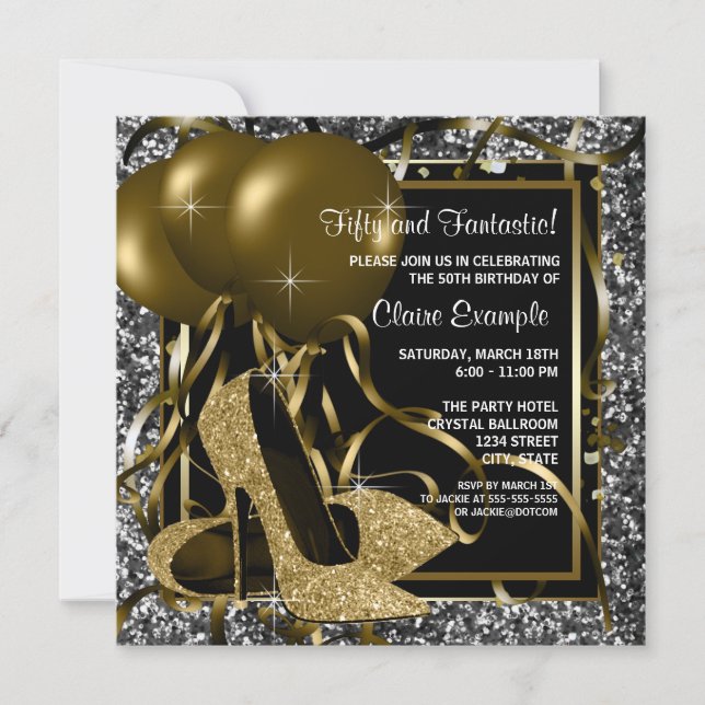 Black White Gold High Heels Womans Birthday Party Invitation (Front)