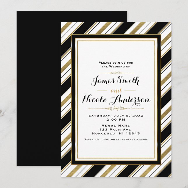 Black White & Gold Horizontal Chic Stripes Wedding Invitation (Front/Back)
