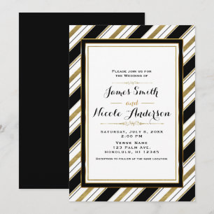 Black White & Gold Horizontal Chic Stripes Wedding Invitation