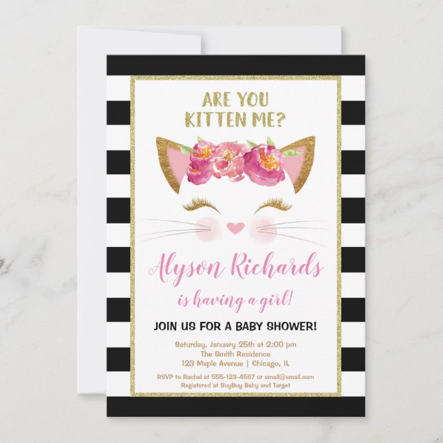 Black white gold kitten kitty cat girl baby shower invitation (Front)