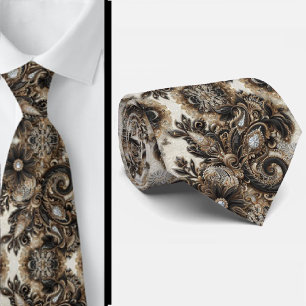 Black White Gold Lace Paisley Diamond Neck Tie