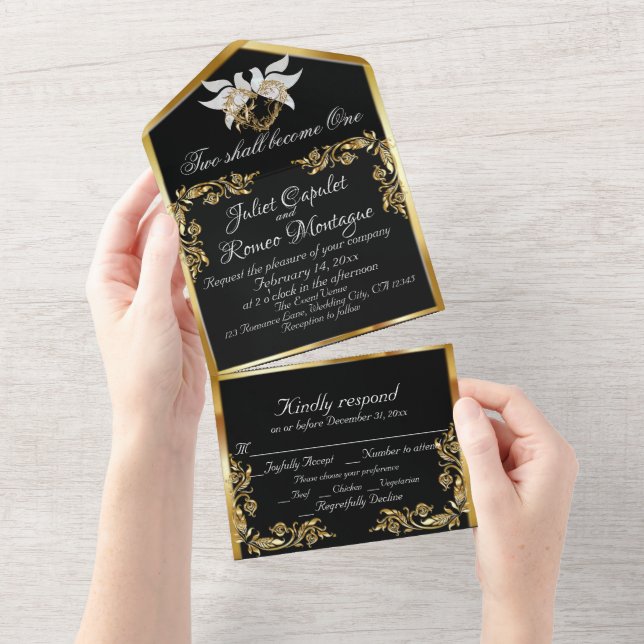 Black & White, Gold Leaves, Doves & Heart All In One Invitation (Tearaway)