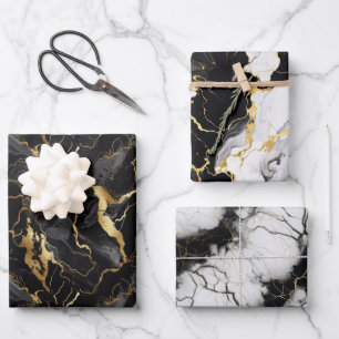 Black White Gold Marbel Pattern Gift Wrapping Paper Sheet