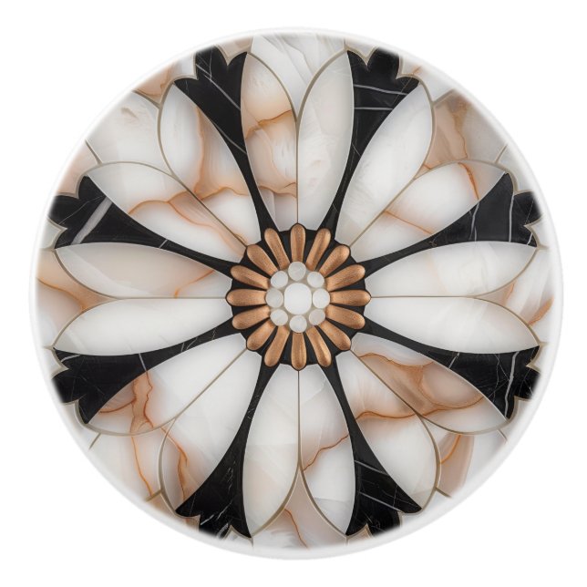 Black White Gold Marble Daisy Flower Mosaic Style Ceramic Knob (Front)