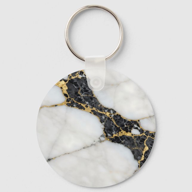 Black White Gold Marble Luxury Key Ring (Front)