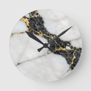 Black White Gold Marble Luxury Round Clock