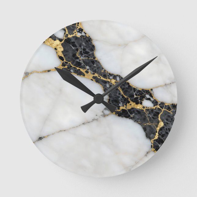 Black White Gold Marble Luxury Round Clock (Front)