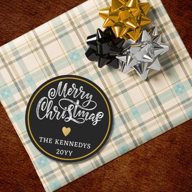 Black White Gold Merry Christmas Classic Round Sticker (Creator Uploaded)