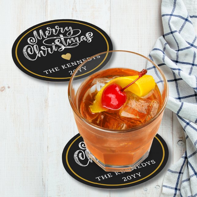 Black White Gold Merry Christmas Round Paper Coaster (Creator Uploaded)