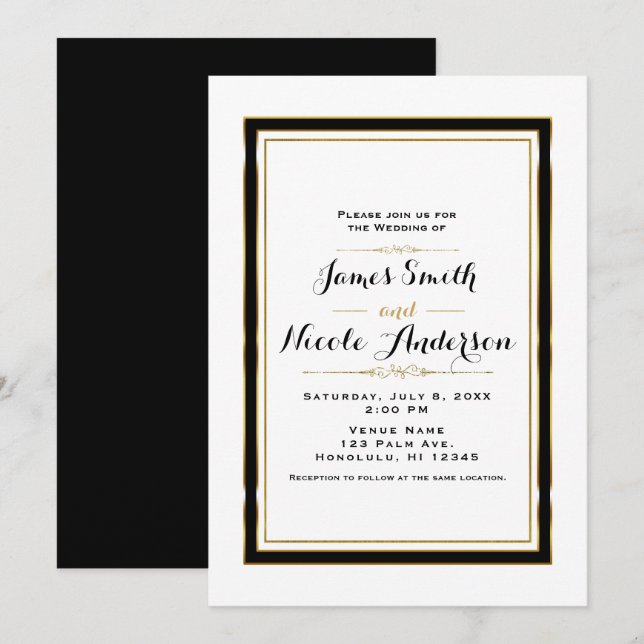 Black White & Gold Minimal Chic Elegant Wedding Invitation (Front/Back)