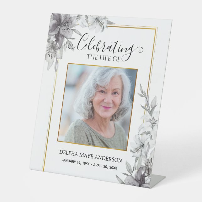 Black, White Gold Minimalist Funeral  Pedestal Sign (Front)