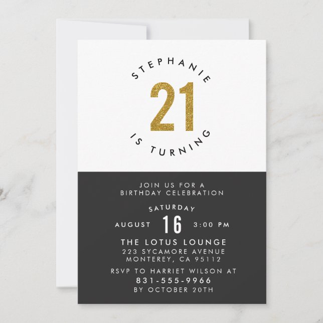 Black White & Gold Modern 21st Birthday Party Invitation (Front)
