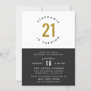 Black White & Gold Modern 21st Birthday Party Invitation