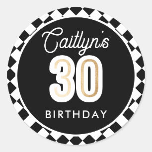 Black White & Gold Modern 30th Birthday Classic Round Sticker