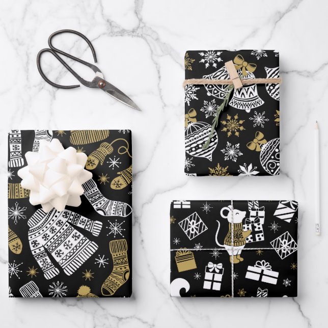 Black White Gold Modern Christmas Wrapping Paper Sheet (Front)