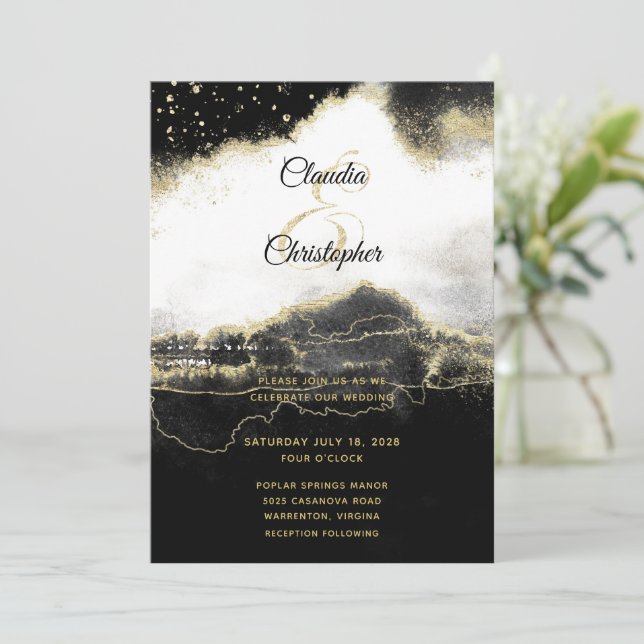 Black White & Gold Modern Elegant Wedding Invitation (Standing Front)