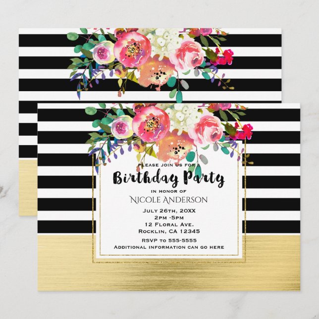 Black White Gold Modern Floral Glam Birthday Party Invitation (Front/Back)