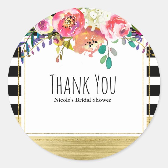 Black White Gold Modern Floral Glam Bridal Shower Classic Round Sticker (Front)