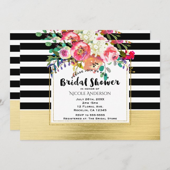 Black White Gold Modern Floral Glam Bridal Shower Invitation (Front/Back)