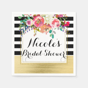 Black White Gold Modern Floral Glam Bridal Shower Napkin