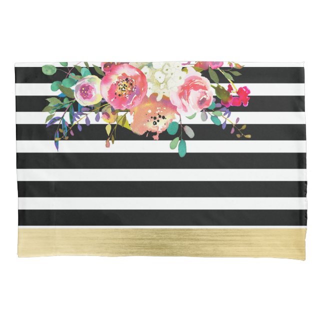 Black White Gold Modern Floral Glam Chic Glamour Pillowcase (Front)