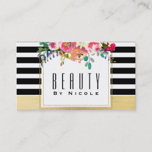 Black White Gold Modern Floral Glam Elegant Chic Business Card