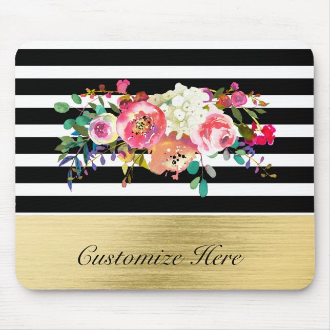 Black White Gold Modern Floral Glam Elegant Chic Mouse Mat (Front)