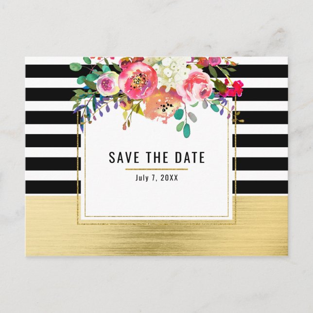 Black White Gold Modern Floral Glam Save the Date Announcement Postcard (Front)