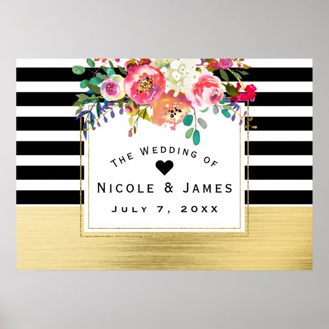 Black White Gold Modern Floral Glam Wedding Banner Poster (Front)