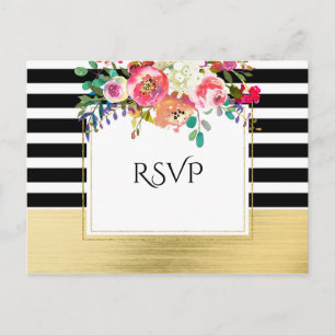 Black White Gold Modern Floral Glam Wedding RSVP Invitation Postcard