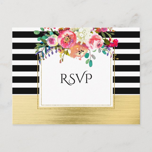 Black White Gold Modern Floral Glam Wedding RSVP Invitation Postcard (Front)
