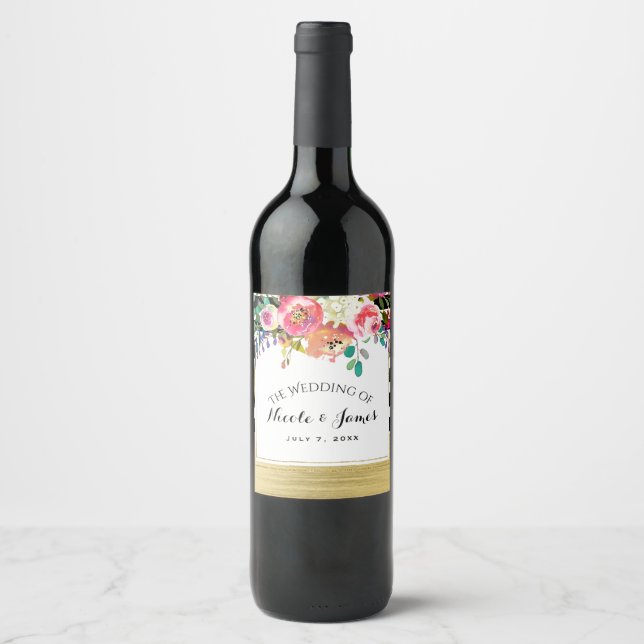 Black White Gold Modern Floral Glam Wedding Wine Wine Label (Front)