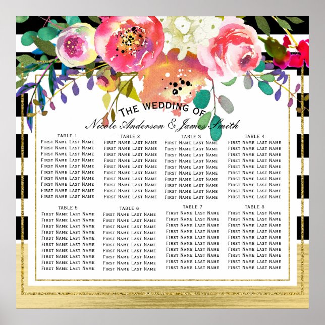 Black White Gold Modern Floral Wedding Seat Chart (Front)