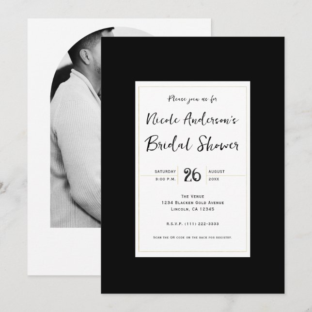 Black White Gold Modern Minimal Bridal Shower Invitation (Front/Back)
