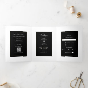 Black White Gold Modern Minimal Elegant Wedding Tri-Fold Invitation