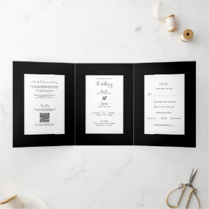 Black White Gold Modern Minimal Elegant Wedding Tri-Fold Invitation
