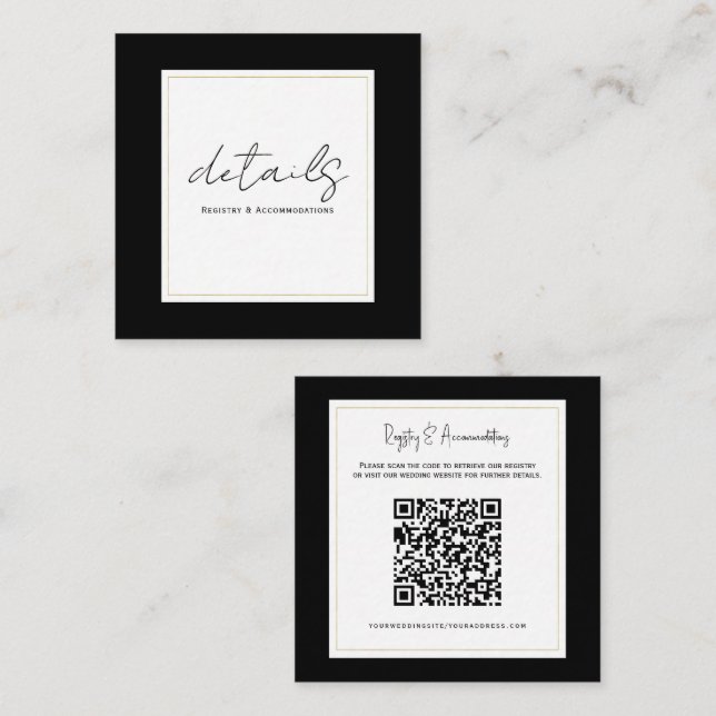 Black White Gold Modern Minimal Wedding Details  Square Business Card (Front/Back)