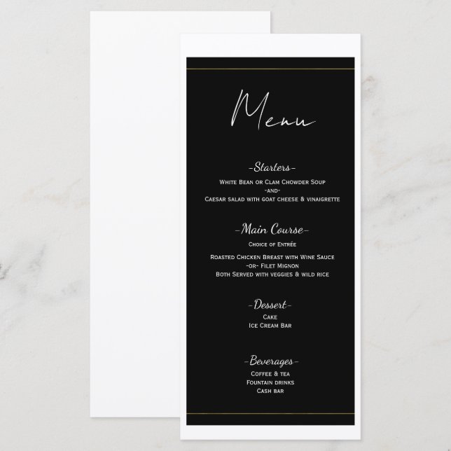 Black White Gold Modern Minimal Wedding Menu (Front/Back)