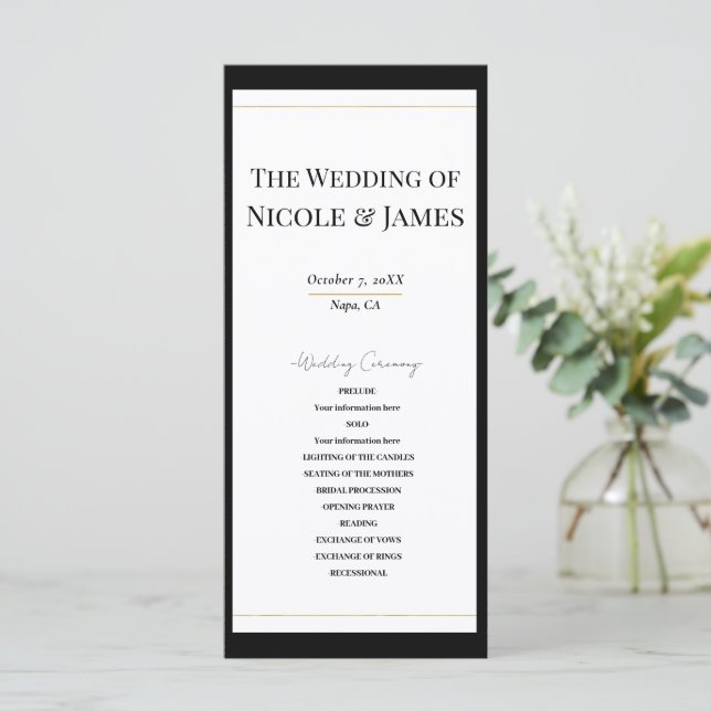 Black White Gold Modern Minimal Wedding Program Programme (Standing Front)