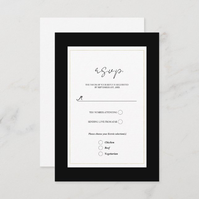 Black White Gold Modern Minimal Wedding RSVP (Front/Back)