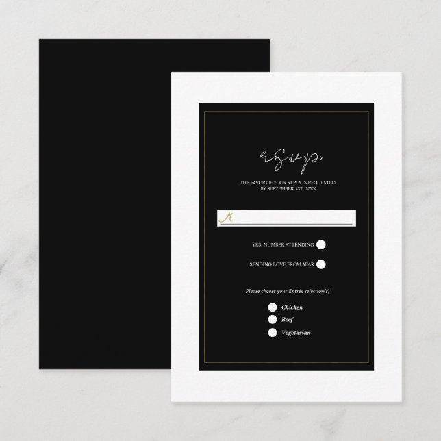 Black White Gold Modern Minimal Wedding RSVP Card (Front/Back)