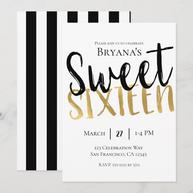 Black White Gold Modern Sweet 16 SIXTEEN Party Invitation (Front/Back)