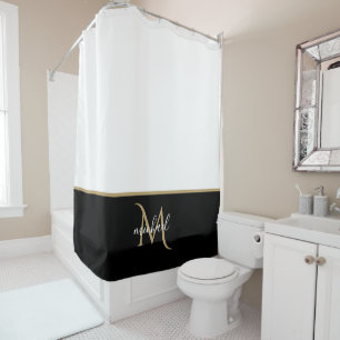 Black   White   & Gold Monogram Elegant Luxury  Shower Curtain