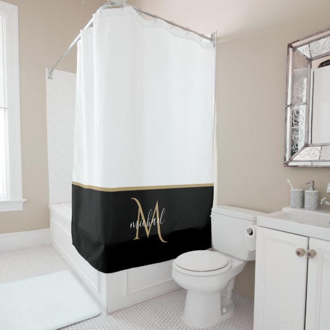 Black | White   & Gold Monogram Elegant Luxury  Shower Curtain (In Situ)
