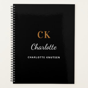 Black white gold monogram initails name planner